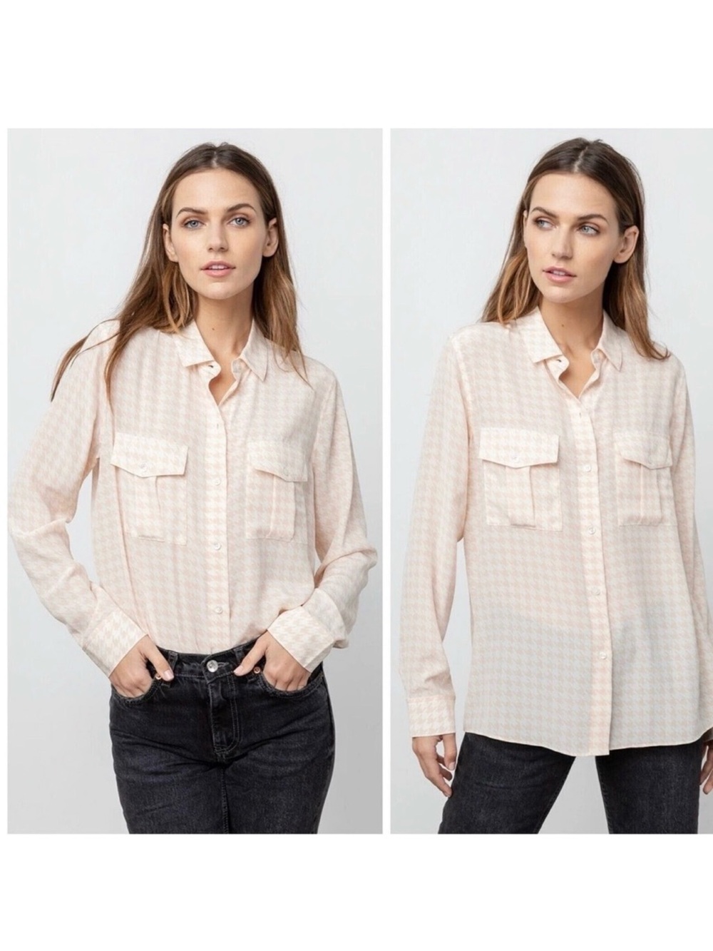 Rails Rhett 100% Silk Ivory Blush pink Houndstooth Button Up Blouse XS